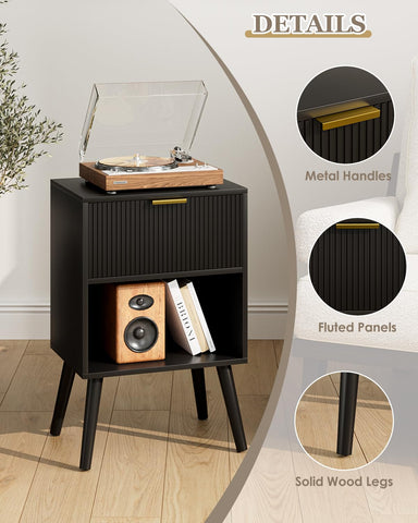 Apetaccat Bedside Table, Nightstand with Drawer and Storage Shelf, Black