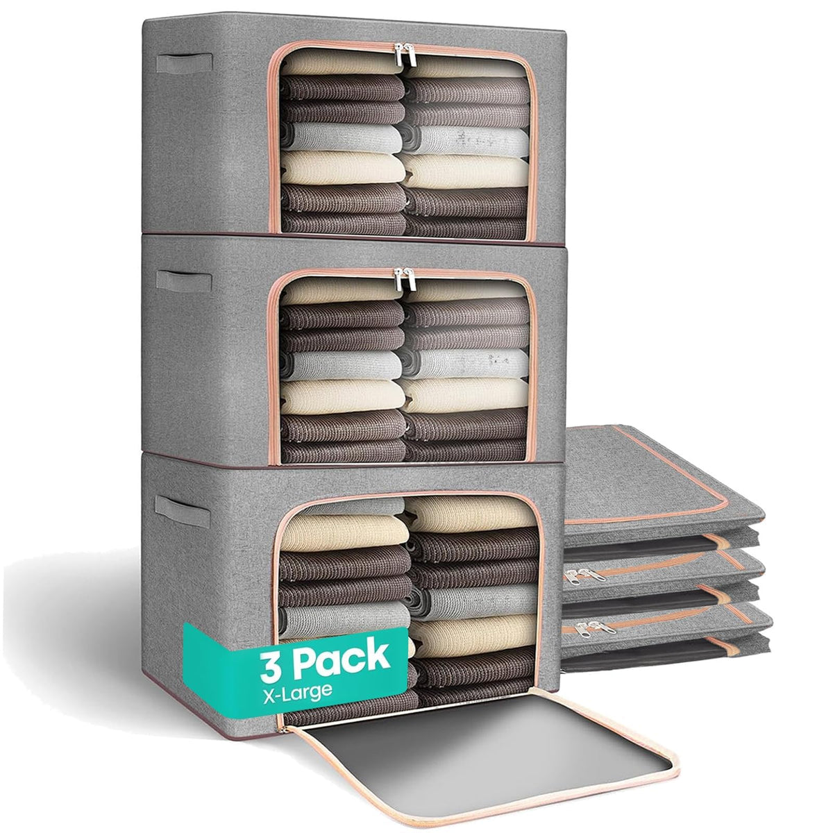 3 Pack Clothes Storage Bags - 24L Large Capacity Clothing & Wardrobe Storage Bags with Double Opening Zip and Lid