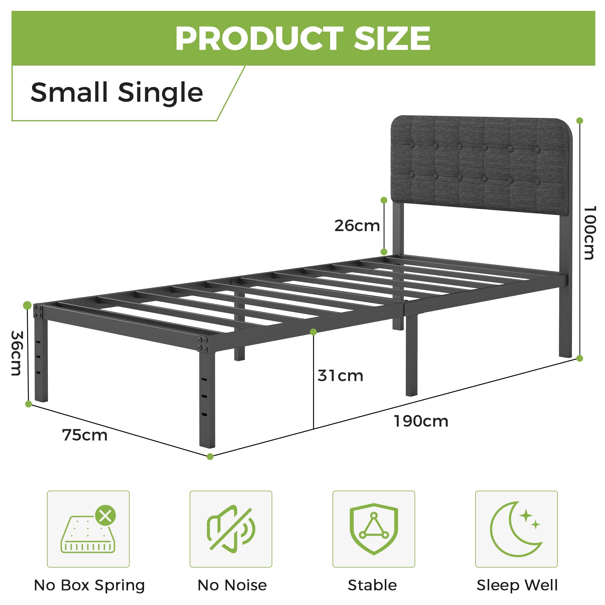 Lutown-Teen 2ft 6 Small Single Bed Frame with Black Upholstered Headboard