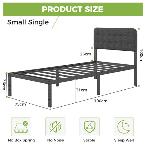 Lutown-Teen 2ft 6 Small Single Bed Frame with Black Upholstered Headboard
