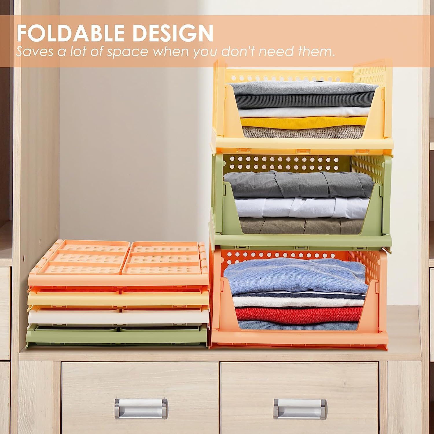 Set of 4 Stackable Foldable Wardrobe Storage Box Organizer (Easy Open and Folding), Plastic Cabinet Basket Shelves Closet Organiser Box