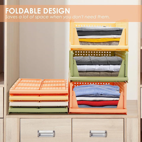 Set of 4 Stackable Foldable Wardrobe Storage Box Organizer (Easy Open and Folding), Plastic Cabinet Basket Shelves Closet Organiser Box