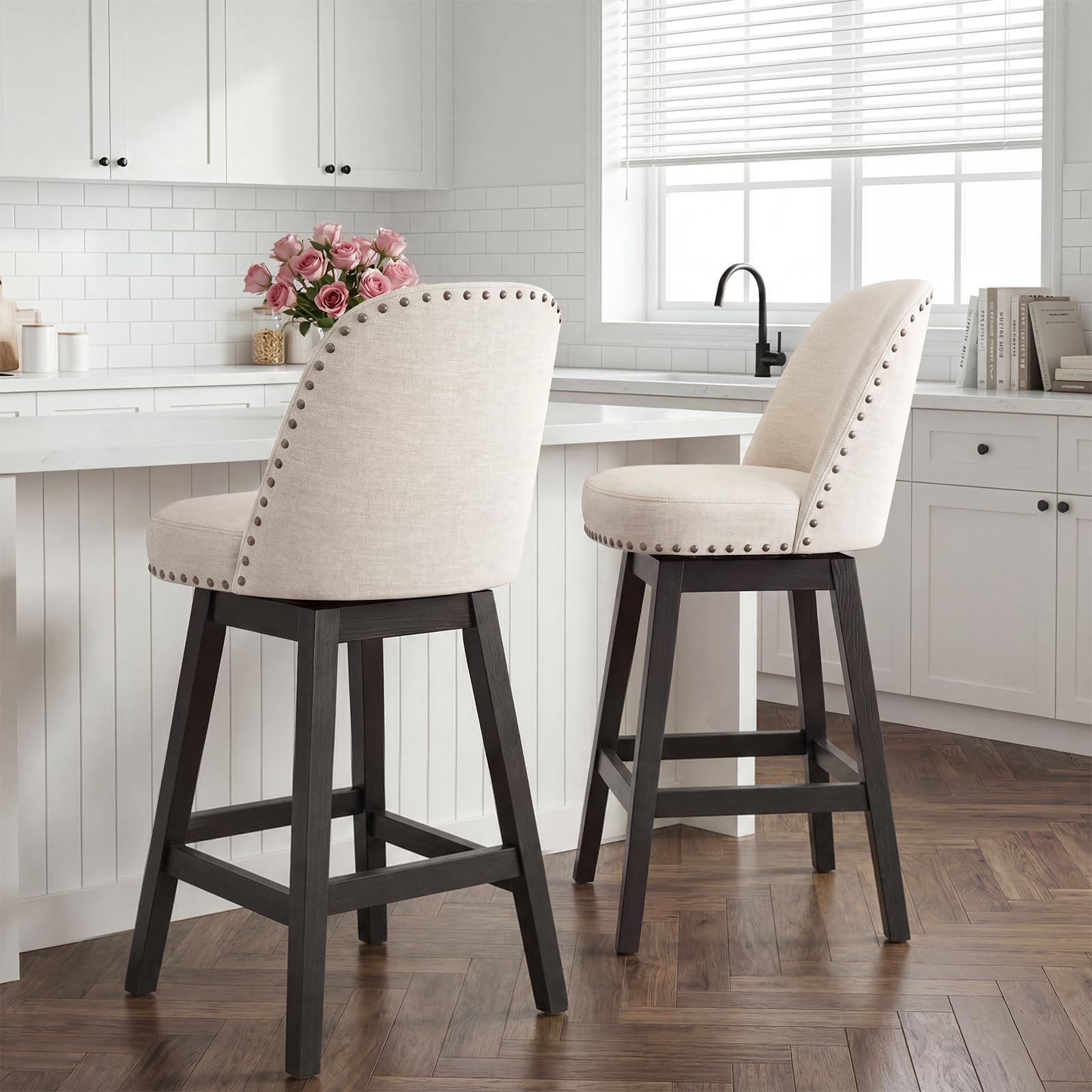 Bar Stools Set of 2, 360° Swivel Counter Stools with Upholstered Seat, Wooden Frame & Nailhead Trim