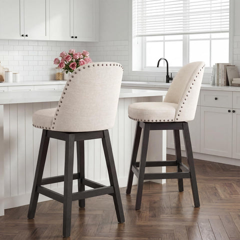 Bar Stools Set of 2, 360° Swivel Counter Stools with Upholstered Seat, Wooden Frame & Nailhead Trim