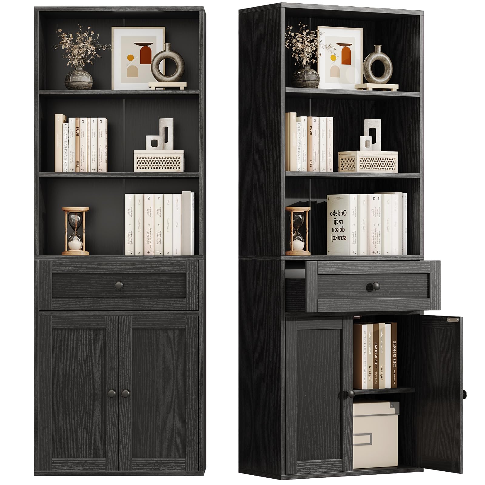 Coleshome 5-Tier Bookcase With Doors and Drawer, 48 x 24 x 164.2 cm, Black
