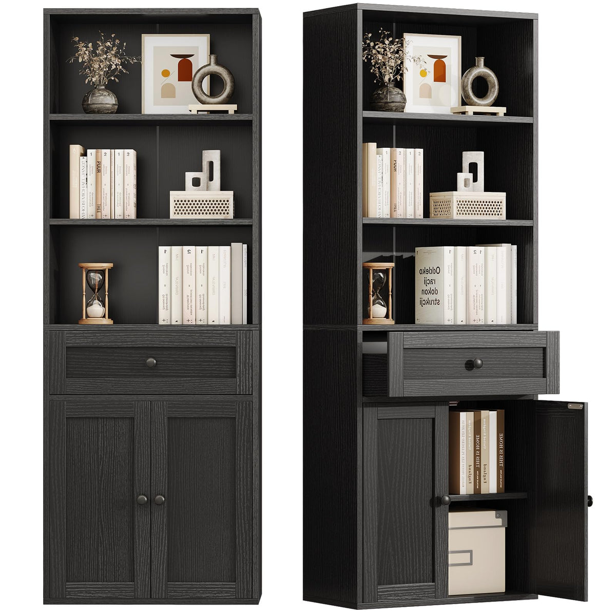 Coleshome 5-Tier Bookcase With Doors and Drawer, 48 x 24 x 164.2 cm, Black