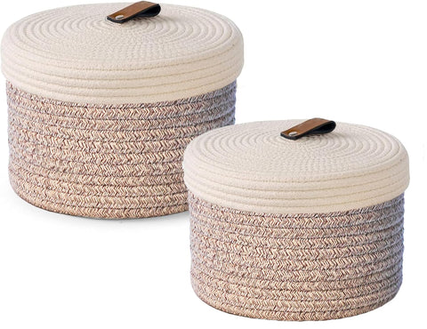 Yearonan 2 Pieces Storage Baskets with lids-Cotton Rope Lidded Basket-Natural cotton thread, leather buckle