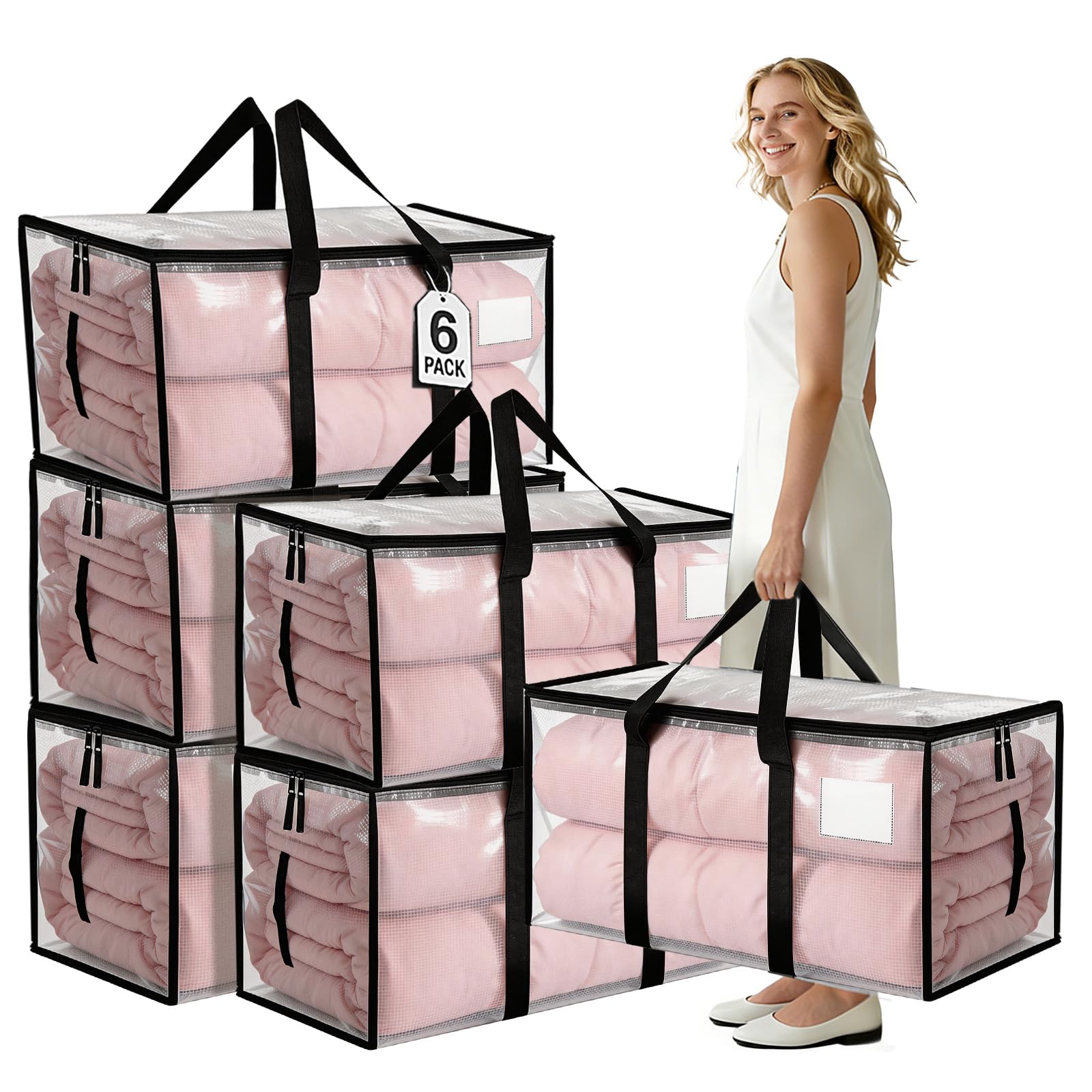 Large Moving Boxes and Storage Bags - 6 Pack 92L Heavy Duty Extra Large Moving Bags with Reinforced Bottom, Dual Zips & Clear Window for Decoration