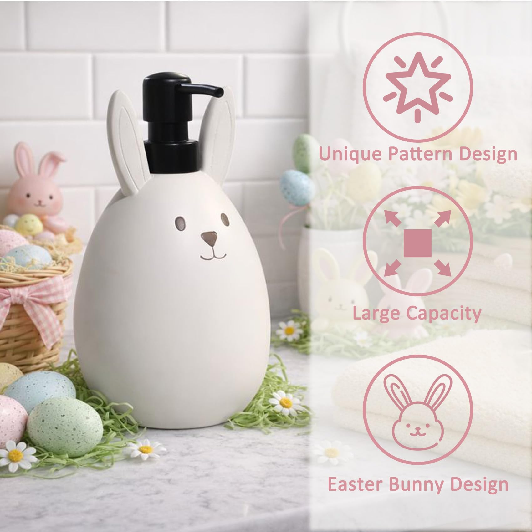 Blissilk 550ml Refillable Cute Bunny Liquid Soap Dispenser with Easy Pump Dispenser Bottles, Designed for Bathroom & Kitchen Countertop
