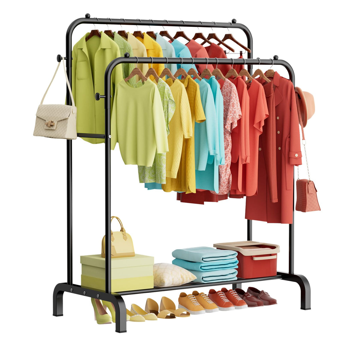 Clothes Rail With Shelves, Double Rods Clothing Rail for Bedroom, Black