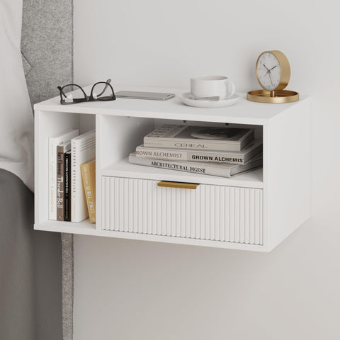 JERX Floating Bedside Table, Wall Mounted Nightstand with Storage Drawer Modern Wooden Bedside Table for Bedroom White