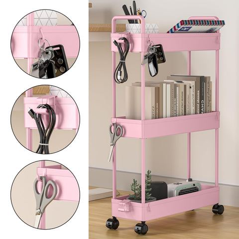 SOLEJAZZ 3-Tier Storage Trolley Cart Slide-out Slim Rolling Utility Cart Mobile Storage Shelving Organizer for Kitchen, Bathroom, Laundry Room