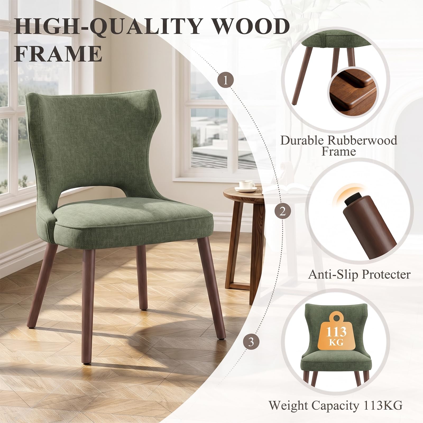 MALOL Upholstered Dining Chairs Set of 4, Dining Room Chairs with Hollow Backrest, High Back Kitchen Chairs with Solid Wood Legs, Thick Seat Cushion