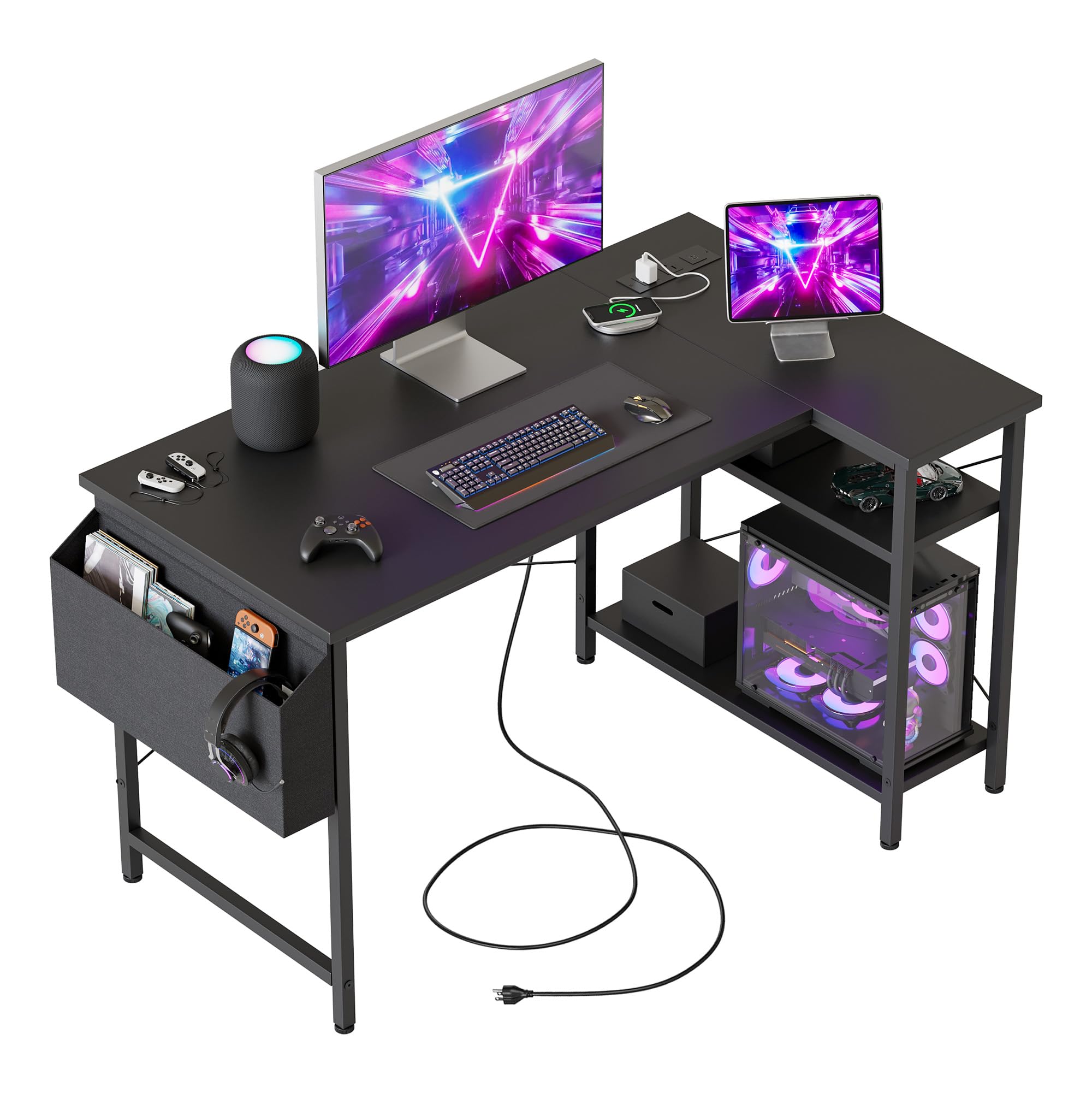 Mericonia Reversible Corner Desk, w. Power Outlets, 100x70cm, Black
