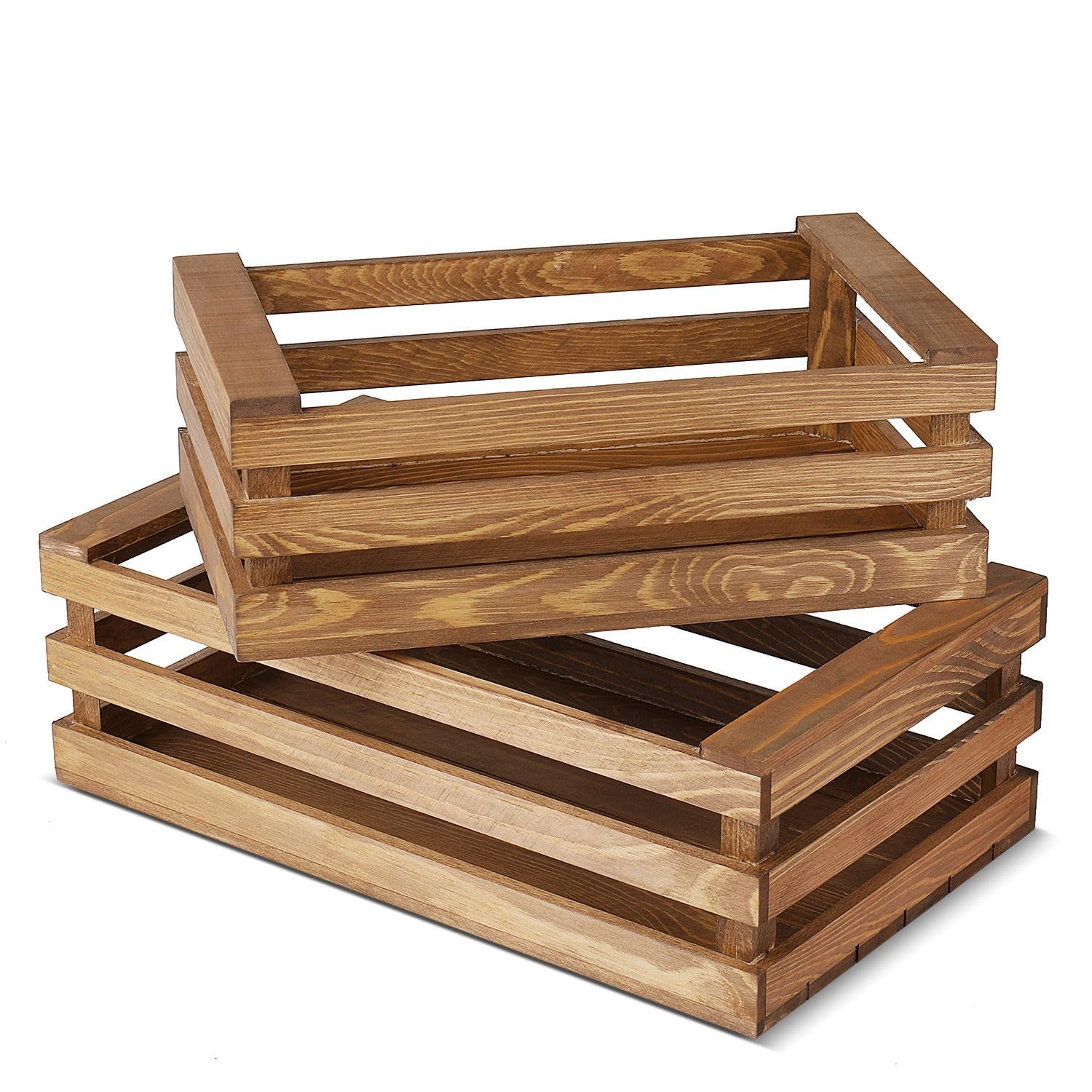 Flexzion Wooden Crate Box with Handles, 2 Pack Natural Brown Wood Crates for Storage and Display, Large & Medium Nesting Crates for Home, Kitchen