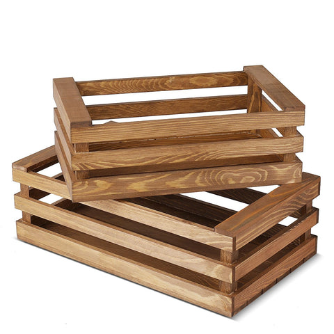 Flexzion Wooden Crate Box with Handles, 2 Pack Natural Brown Wood Crates for Storage and Display, Large & Medium Nesting Crates for Home, Kitchen