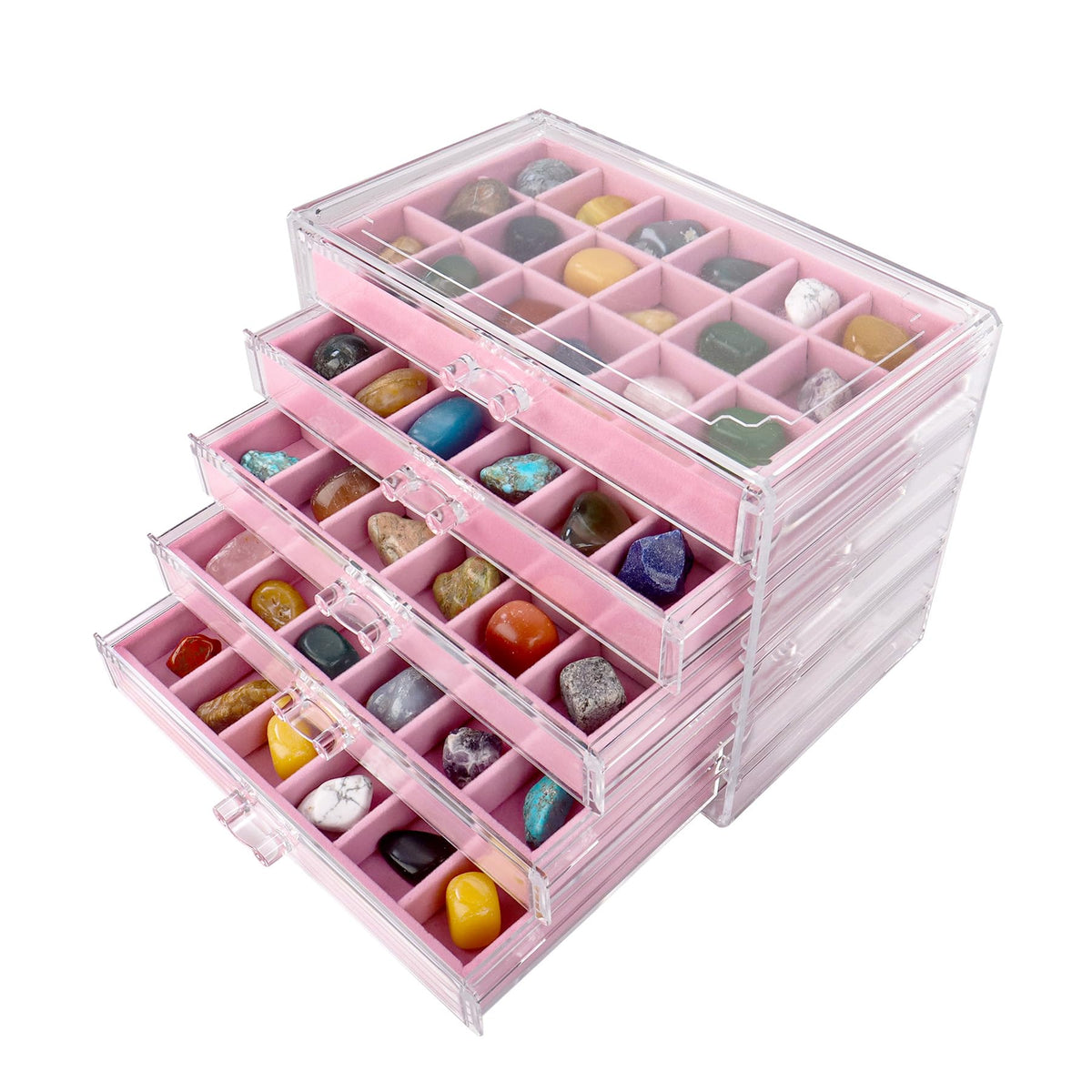 Dmnnlp Rock Display Case, 5 Drawers 90 Grids Acrylic Rock Collection Box, Storage Cases for Small Rocks Gemstone Fossil Crystal Stone Jewellery