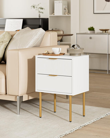 HEYZOEY Bedside Table, Small Bedside Tables with 2 Drawers, Wooden Nightstand with Gold Legs, Mid-Century Modern Bed Side End Table for Bedroom