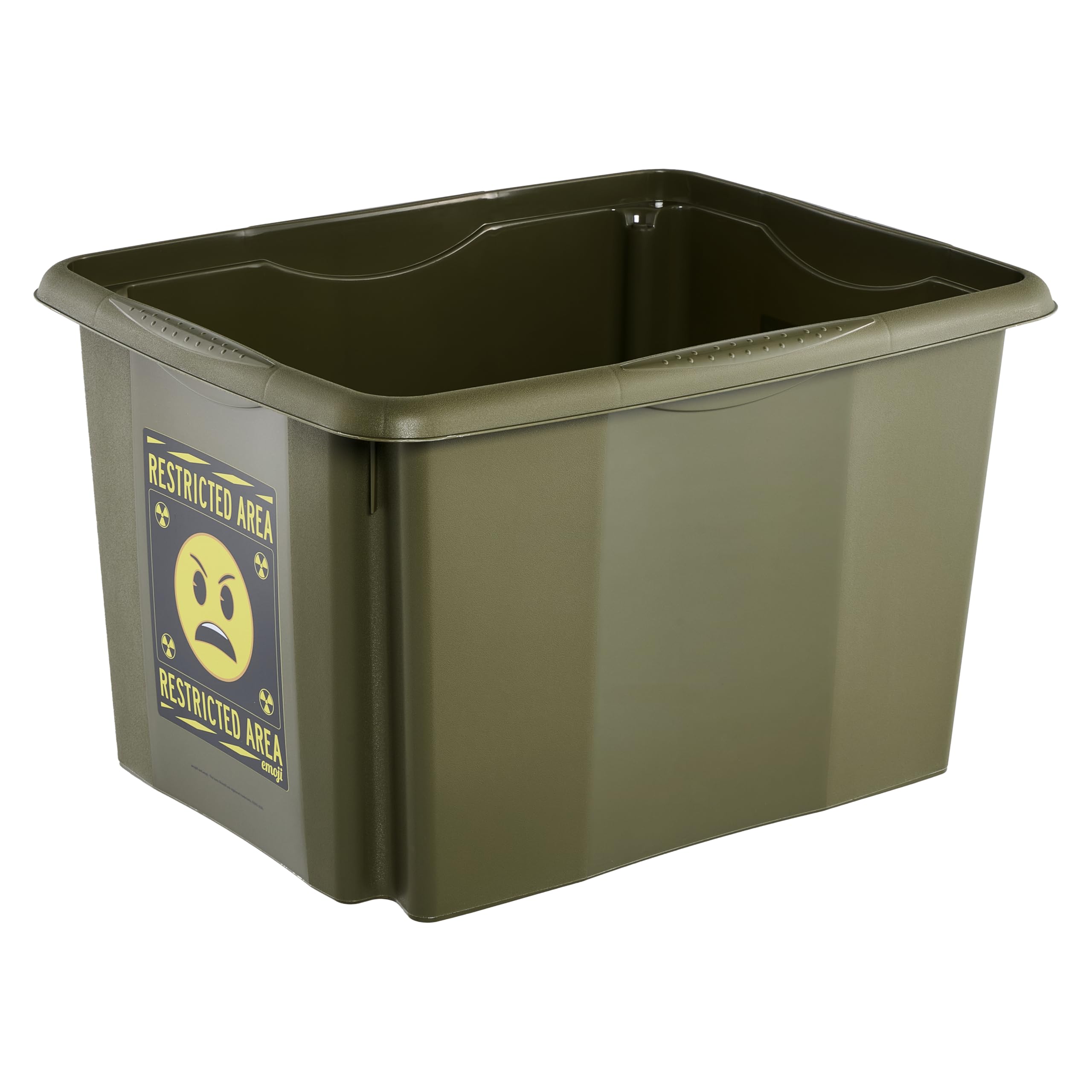 keeeper karolina storage box with lid, 30 l, stackable and nestable, Emoji Danger design, for children, olive green (olive)
