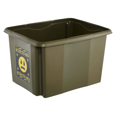 keeeper karolina storage box with lid, 30 l, stackable and nestable, Emoji Danger design, for children, olive green (olive)