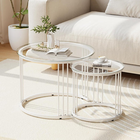 Huhote Round Coffee Tables, Set of 2 End Table, Nesting Tables, Side Table with Metal Frame for Living Room/Bedroom/Balcony/Office/Apartment