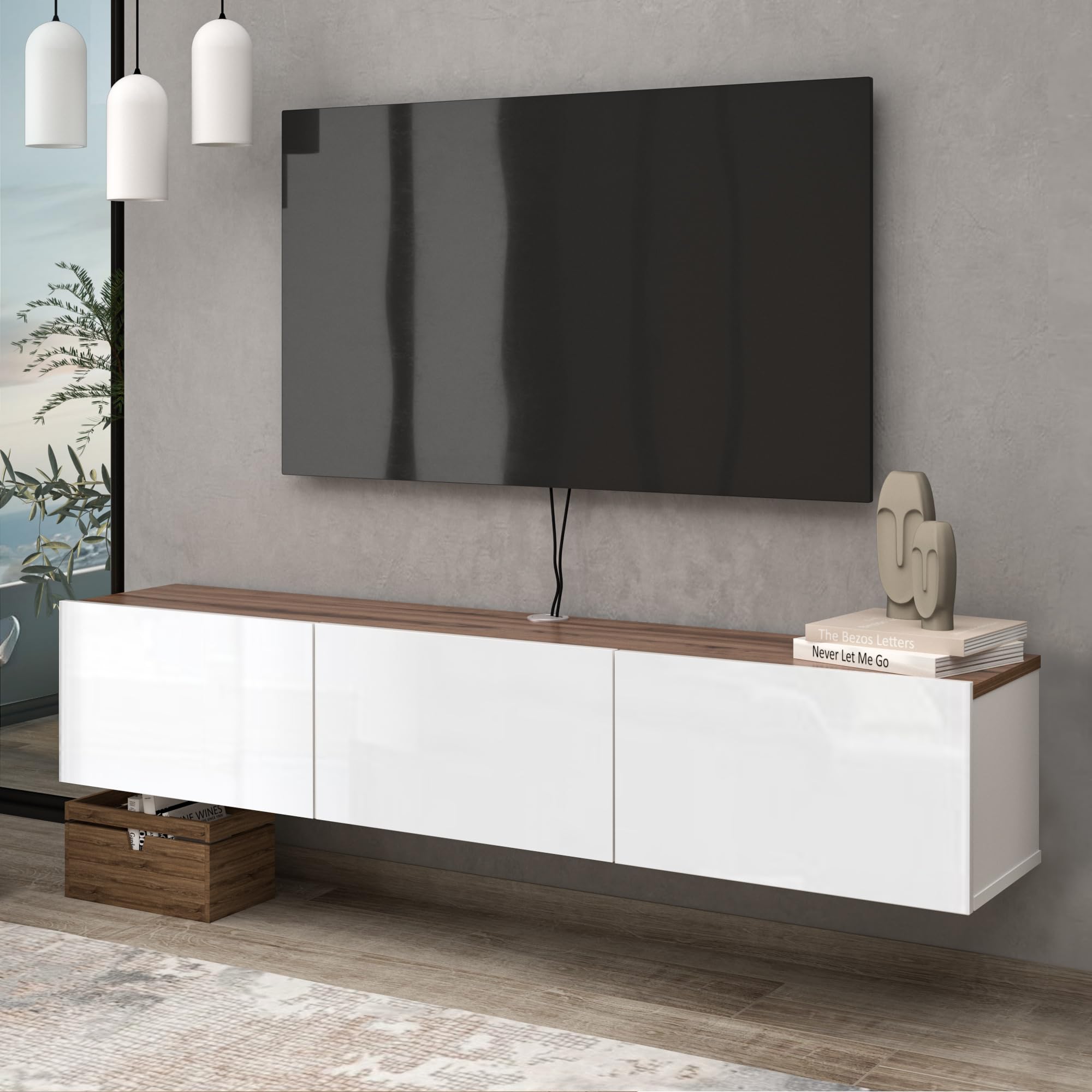 ATELIER MOBILI Floating TV Stand, Modern White TV Console, 63 Inch, Living Room Entertainment Center