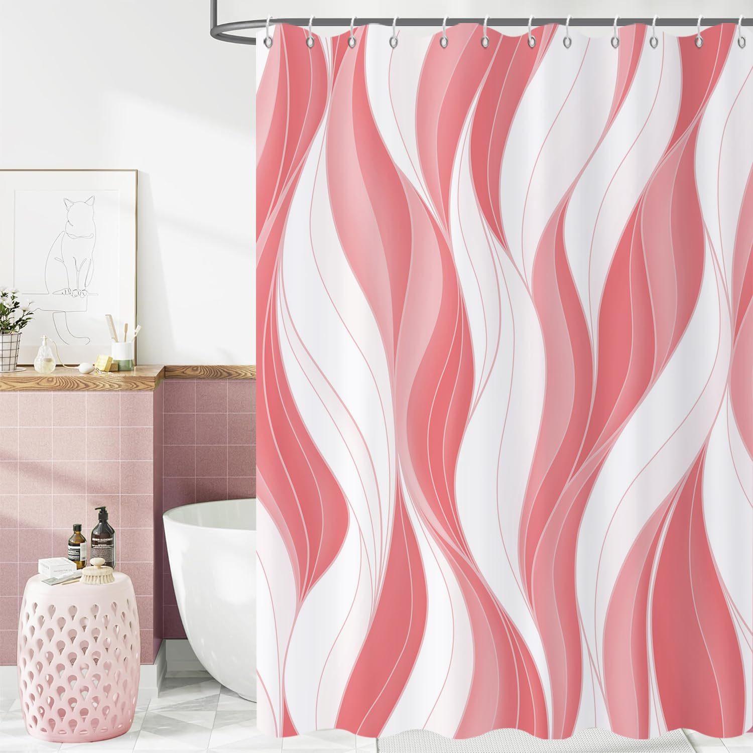 GCIREC Shower Curtain, 180x200cm, Modern Abstract Pink White Ombre Striped Minimalist Art Waterproof Fabric Machine Washable Bathroom Curtain with