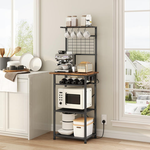 MAHANCRIS Bakers Rack, Microwave Stand with Power Outlet, Coffee Bar Station with Wine Rack and Hooks, Kitchen Storage Shelf