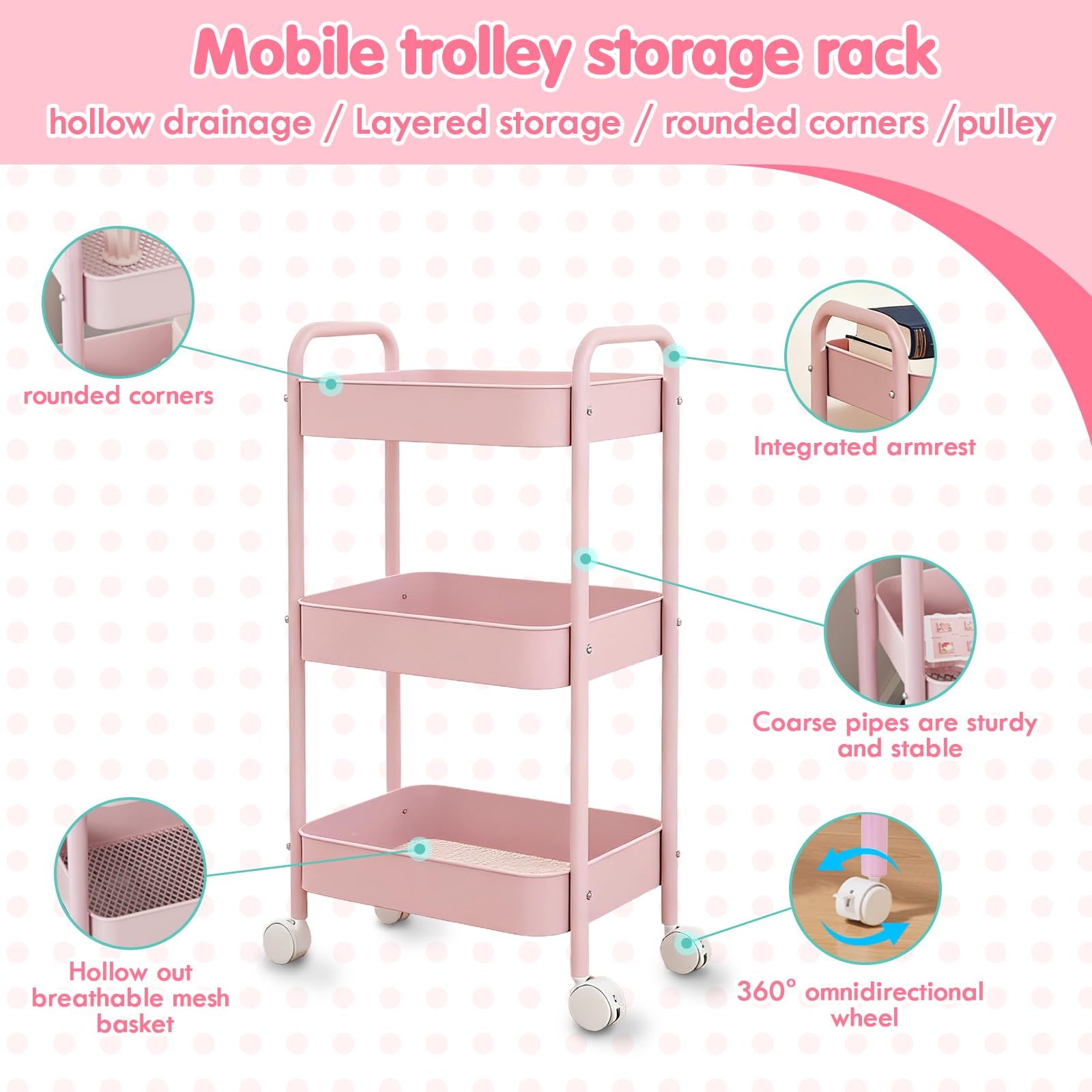 Zykphao 3-Tier Metal Rolling Storage Trolley Cart with Wheels & Handle - Easy Assembly Utility Organizer for Kitchen, Bathroom, Living Room