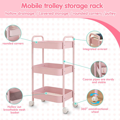 Zykphao 3-Tier Metal Rolling Storage Trolley Cart with Wheels & Handle - Easy Assembly Utility Organizer for Kitchen, Bathroom, Living Room