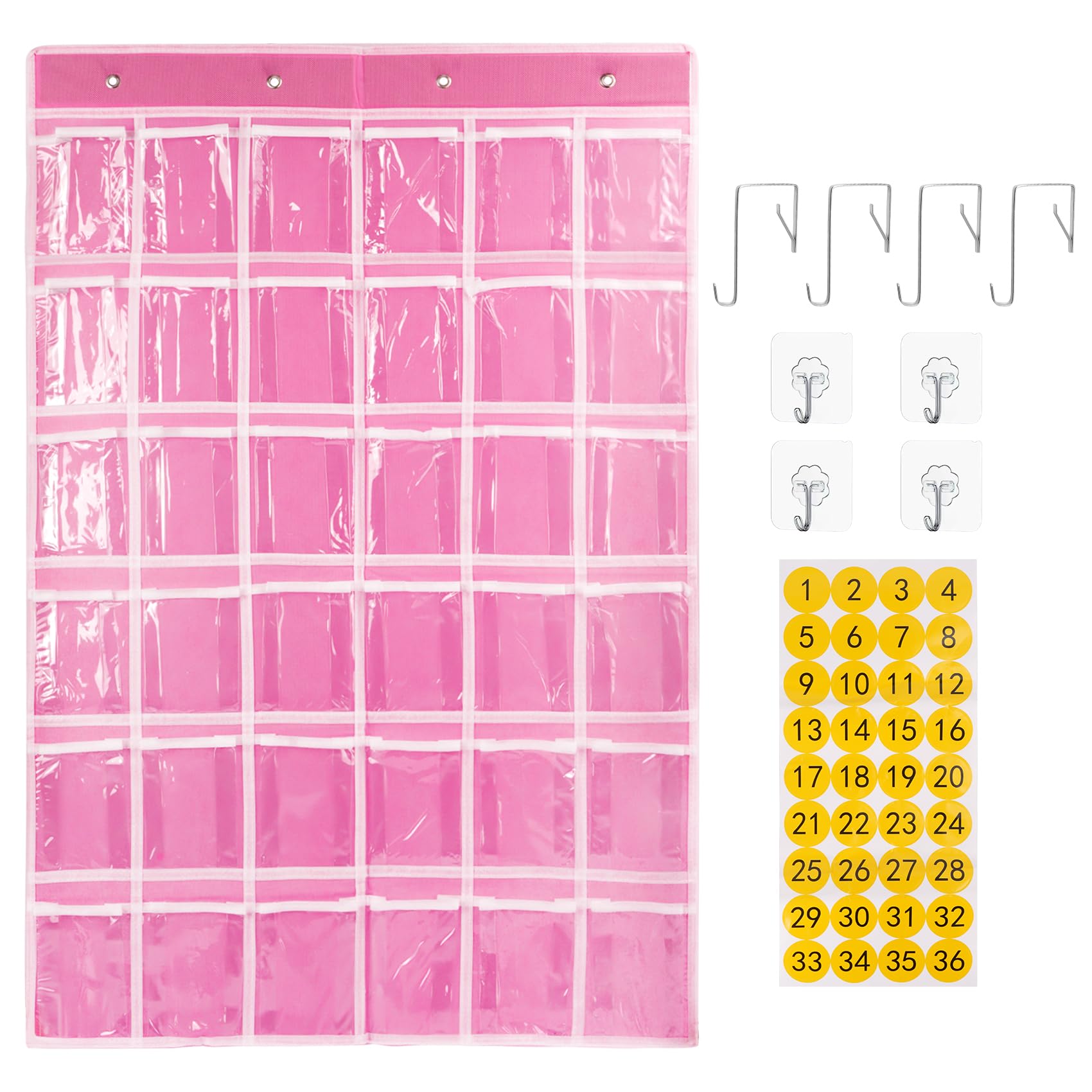 SAVORLIVING 36 Pocket Classroom Organizer, Phone Calculator Holder, Hanging Wall Door Caddy with Hooks and Number Stickers (Pink)