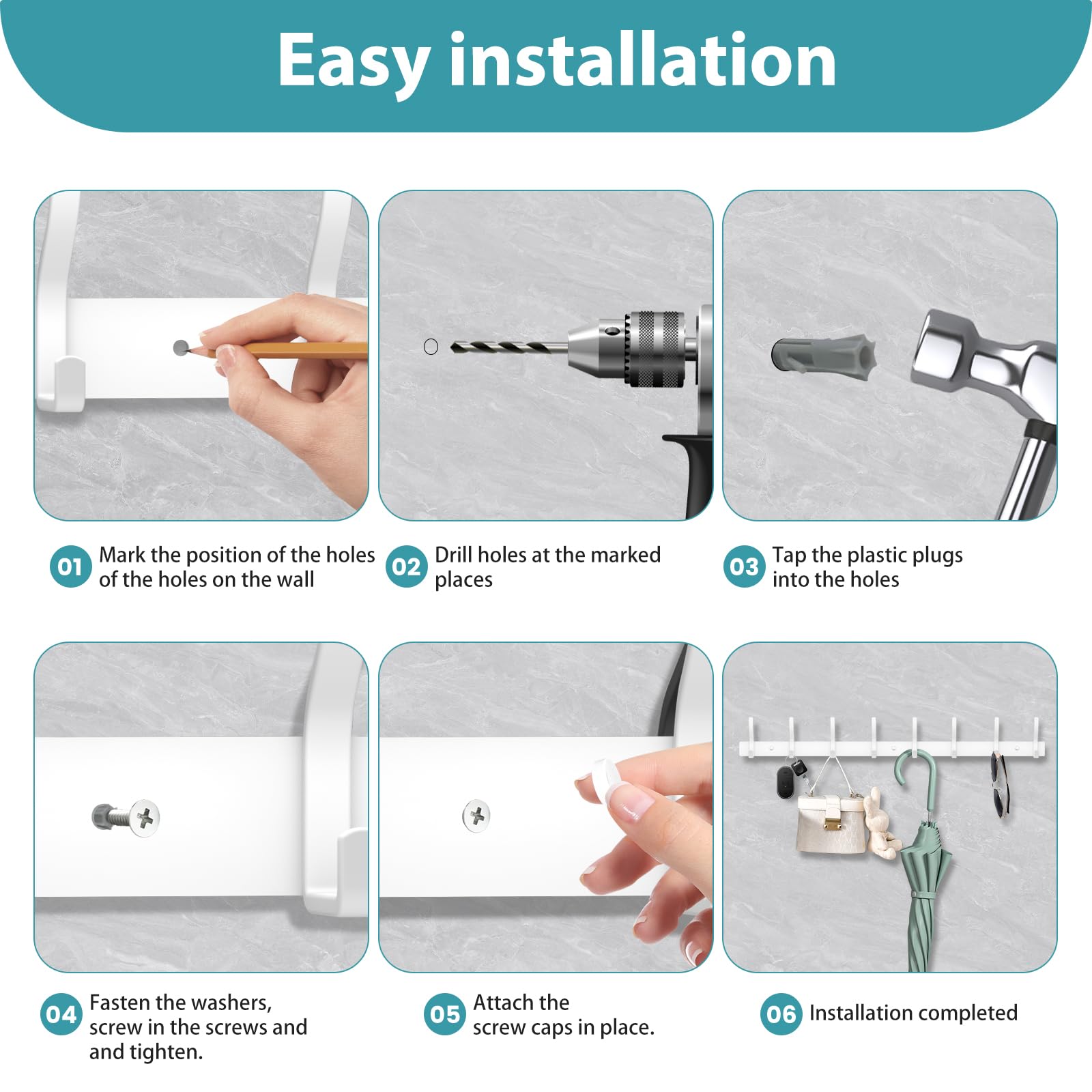 MEIJO Coat Hooks Wall Mounted Stainless Steel, White Coat Rack Wall Mounted with 4 Hooks Heavy Duty Coat Hooks for Door, Bathroom, Bedroom, Kitchen