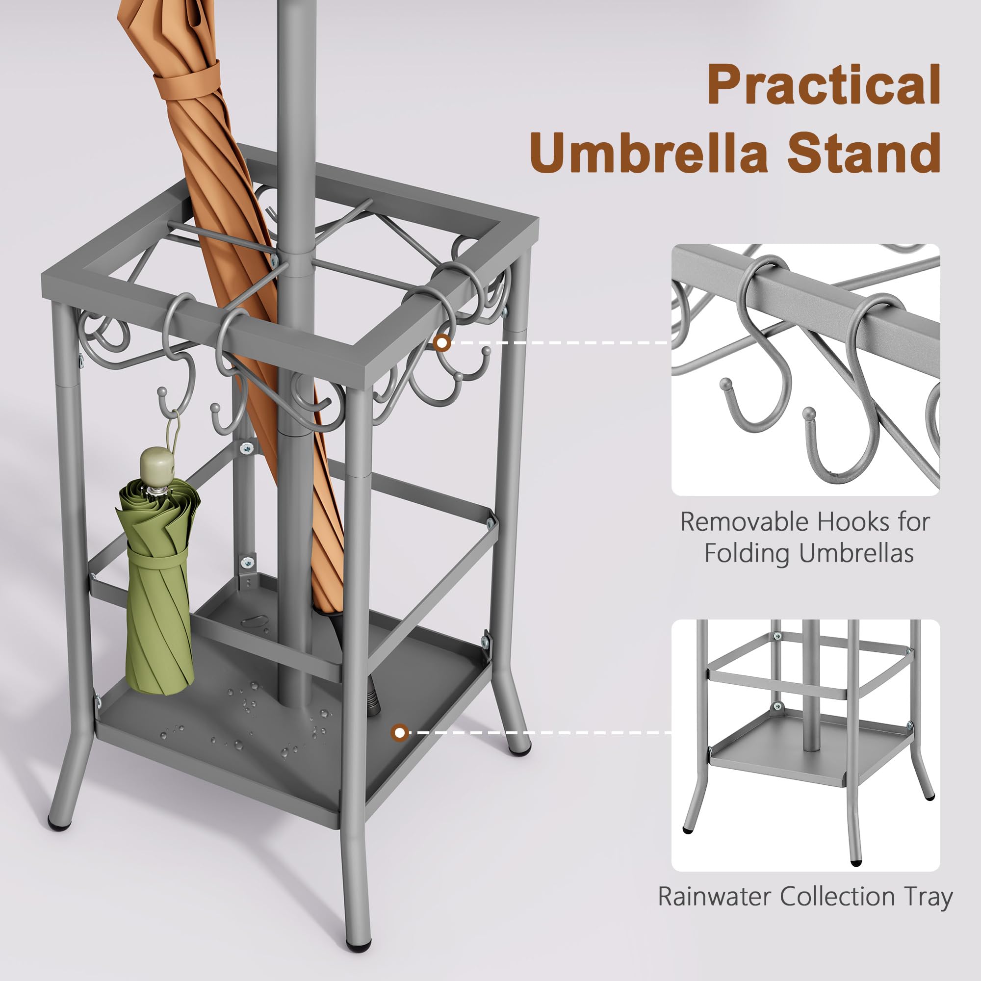 Hoctieon Coat Rack Freestanding With Umbrella Holder, Metal Coat Tree With 12 Hooks, Standing Hanger for Entryway, Hat Rack for Home Office, Gray