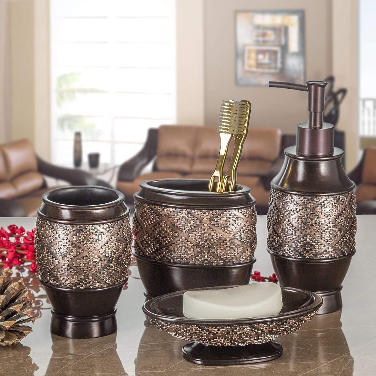 Creative Scents Brown Bathroom Accessories Set - 6-Piece Bathroom Set Includes: Decorative Soap Dispenser, Soap Dish, Tumbler, Toothbrush Holder