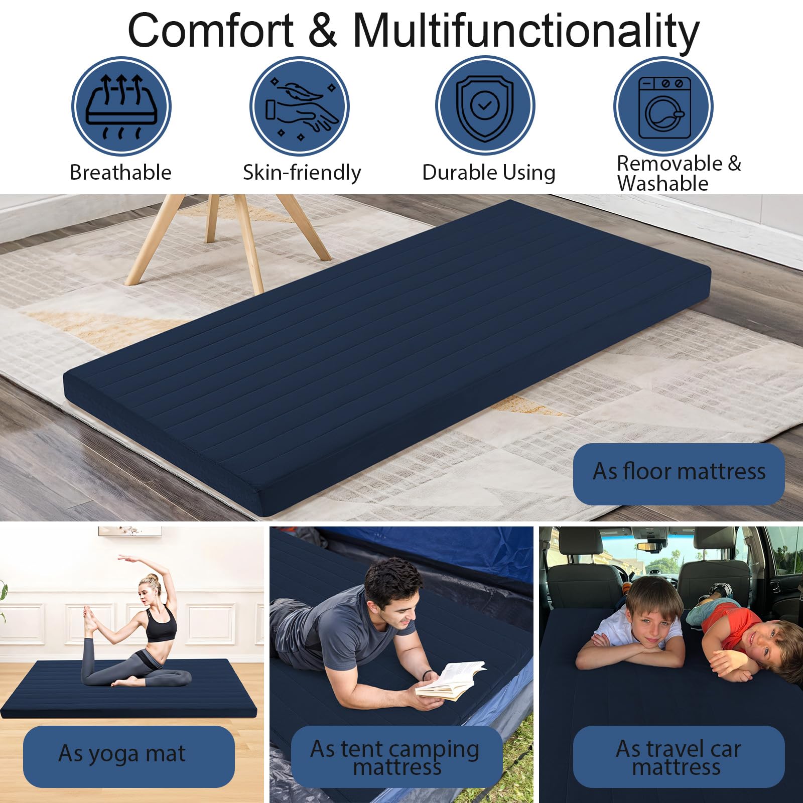 MeMoreCool Roll Up Floor Mattress Small Single 190x75cm, Navy Blue