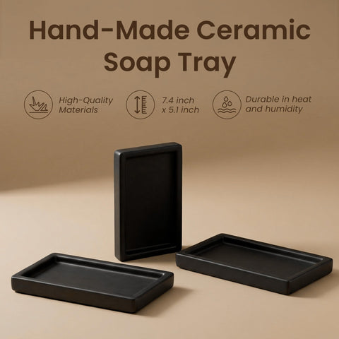 MaisoNovo Black Bathroom Tray Countertop - 7.4x5.1 inch Handcrafted Ceramic Kitchen Tray for Soap Bottles, Perfume, Jewelry - Moisture Resistant
