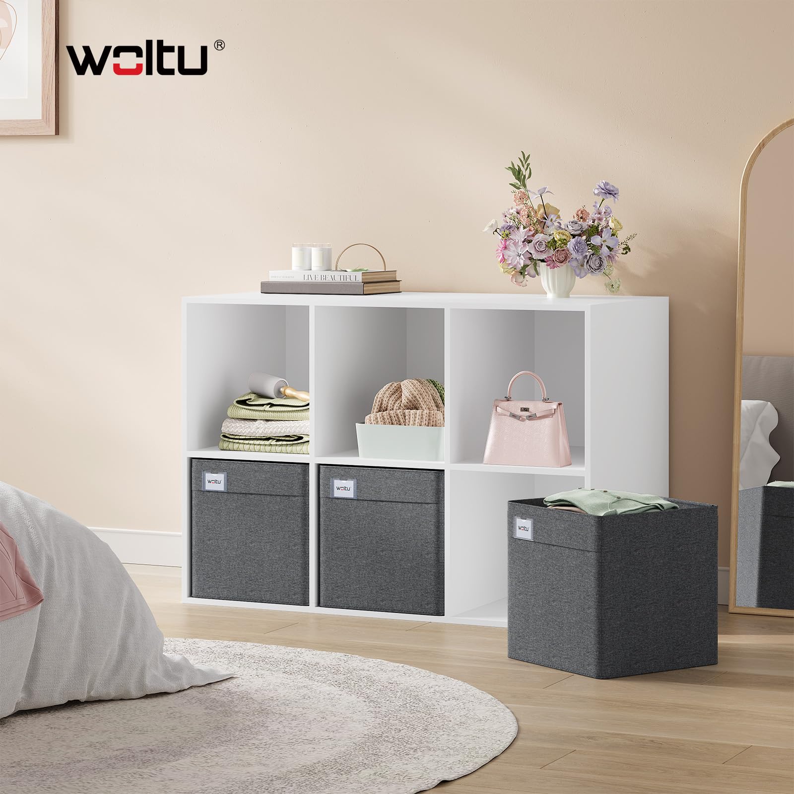 WOLTU Collapsible Storage Boxes Set of 5, Fabric Storage Cubes with Handles and Label Holders, Wardrobe Organisers for Shelves, Bedroom, Living Room