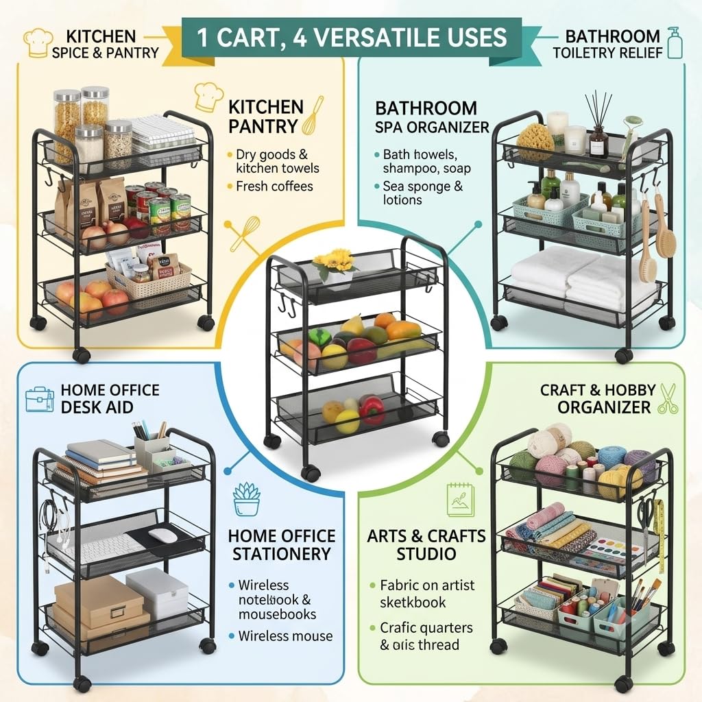 CELINO making your day 3 Tier Kitchen Storage Trolley Cart on Wheels – Metal Mesh Fruit Vegetable Basket Rack Organizer Unit with Side Hanging Hooks