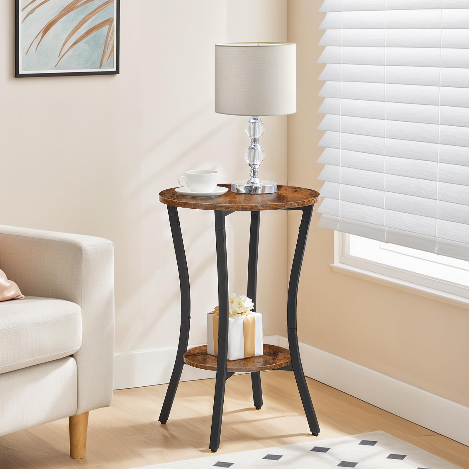 HOOBRO Round Side Table, 2 Tier Small Bedside Table, Round Sofa Side Table with Storage Shelf, Small Tables Coffee Table Hallway for Living Room