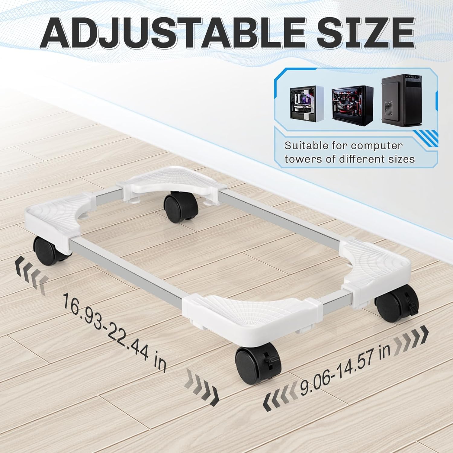 Hmseng Pc Tower Stand, Adjustable Mobile CPU Stand with 4 Rolling Caster Wheels, Fits Most PC Under Desk-White