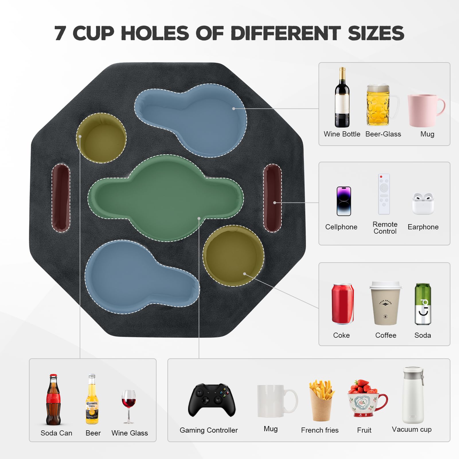 Couch Cup Holder Pillow,Couch Drink Holder,Octagon Couch Caddy for Coffee Cup,Phone,Remote,Couch Cup Holder Tray for Bed,Car,Sofa,Table (Grey)
