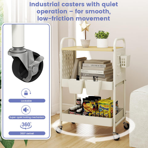 danpinera 3 Tier Rolling Cart, Metal Utility Cart with Wooden Table Top & DIY Pegboard, Rolling Carts
