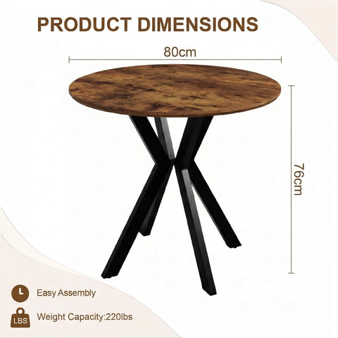 80cm Round Wooden Dining Table with Black Metal Legs for Kitchen & Home