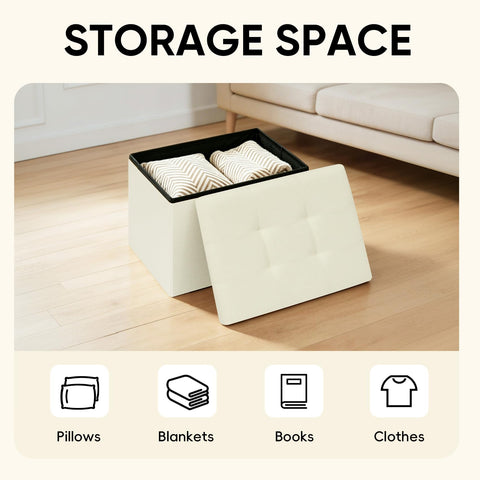 PINPLUS Linen Storage Ottoman Box, Foldable Footstool, Cream White
