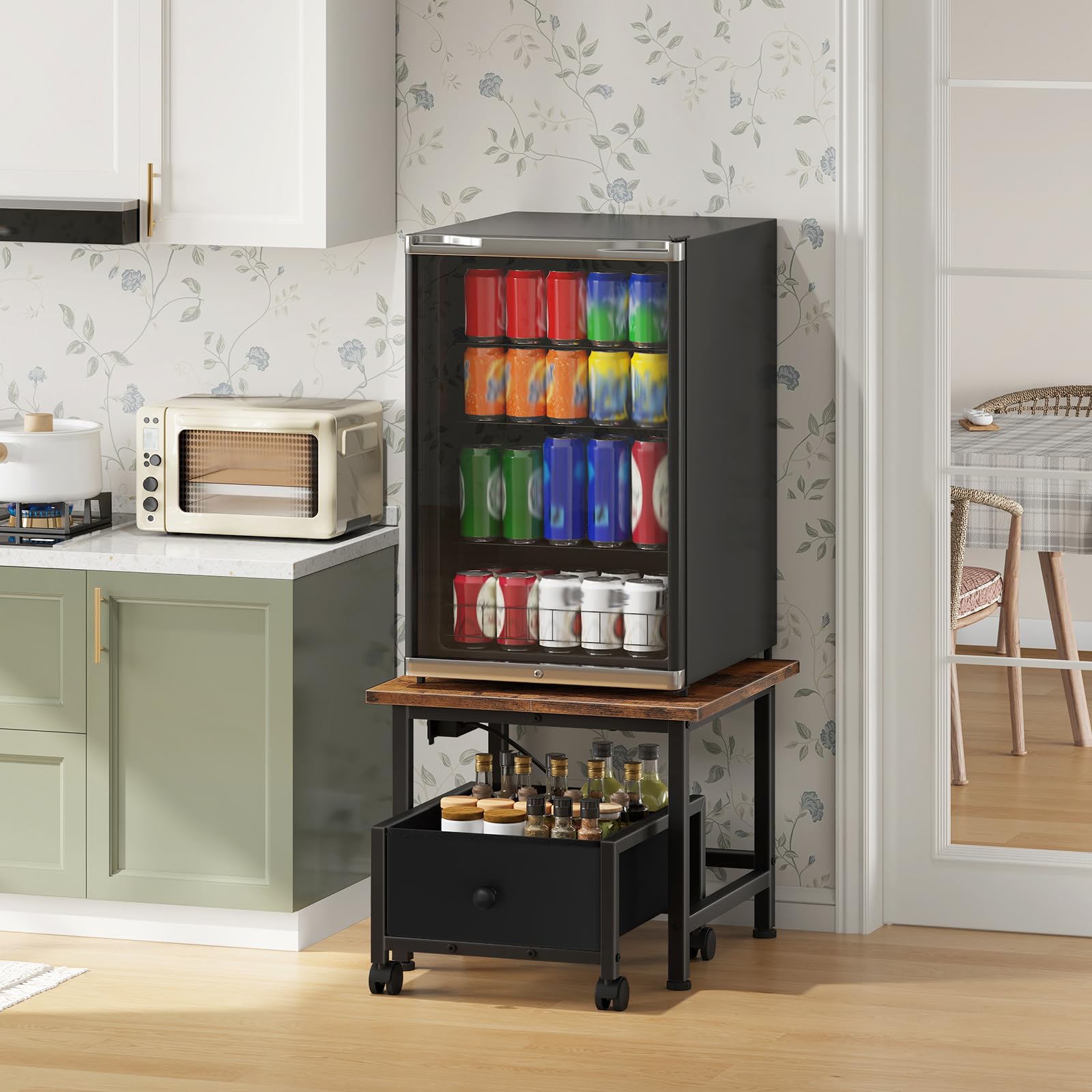 HOOBRO Mini Fridge Stand with Storage Basket and Power Outlet, Mini Fridge Cabinet with Wheels and Adjustable Feet, Mobile Fridge Shelf, for Home