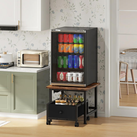 HOOBRO Mini Fridge Stand with Storage Basket and Power Outlet, Mini Fridge Cabinet with Wheels and Adjustable Feet, Mobile Fridge Shelf, for Home