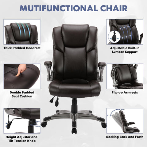 COLAMY High Back Executive Office Chair- Ergonomic Home Computer Desk Leather Chair with Padded Flip-up Arms, Adjustable Tilt Lock