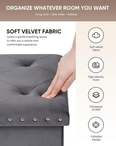 Bonlife Velvet Ottoman with Storage,Large Storage Boxes with Lids,Folding Ottoman Bench Seat,Footstool for Living Room,76x38x38cm,Grey