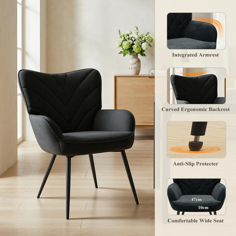 COLAMY Velvet Accent Chair with Black Metal Legs, Modern Armchair with Ergonomic Backrest