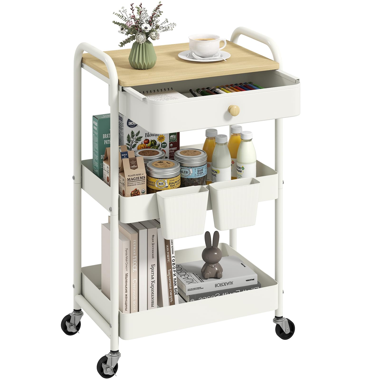 danpinera 3 Tier Rolling Cart, Metal Utility Cart with Wooden Table Top & Drawer, Rolling Carts, Storage Cart with Hanging Cups for Kitchen, Bathroom